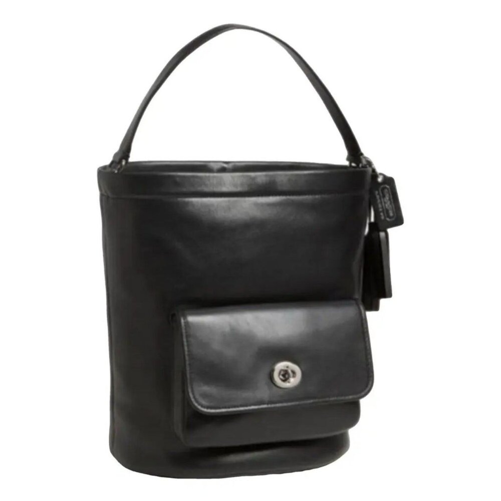 Coach Black Leather Bucket Shoulder Bag with Front Flap Pocket